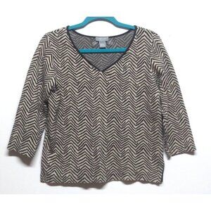 JOAN VASS STUDIO top thick knit stretch pullover sweater Sz M geometric zigzag